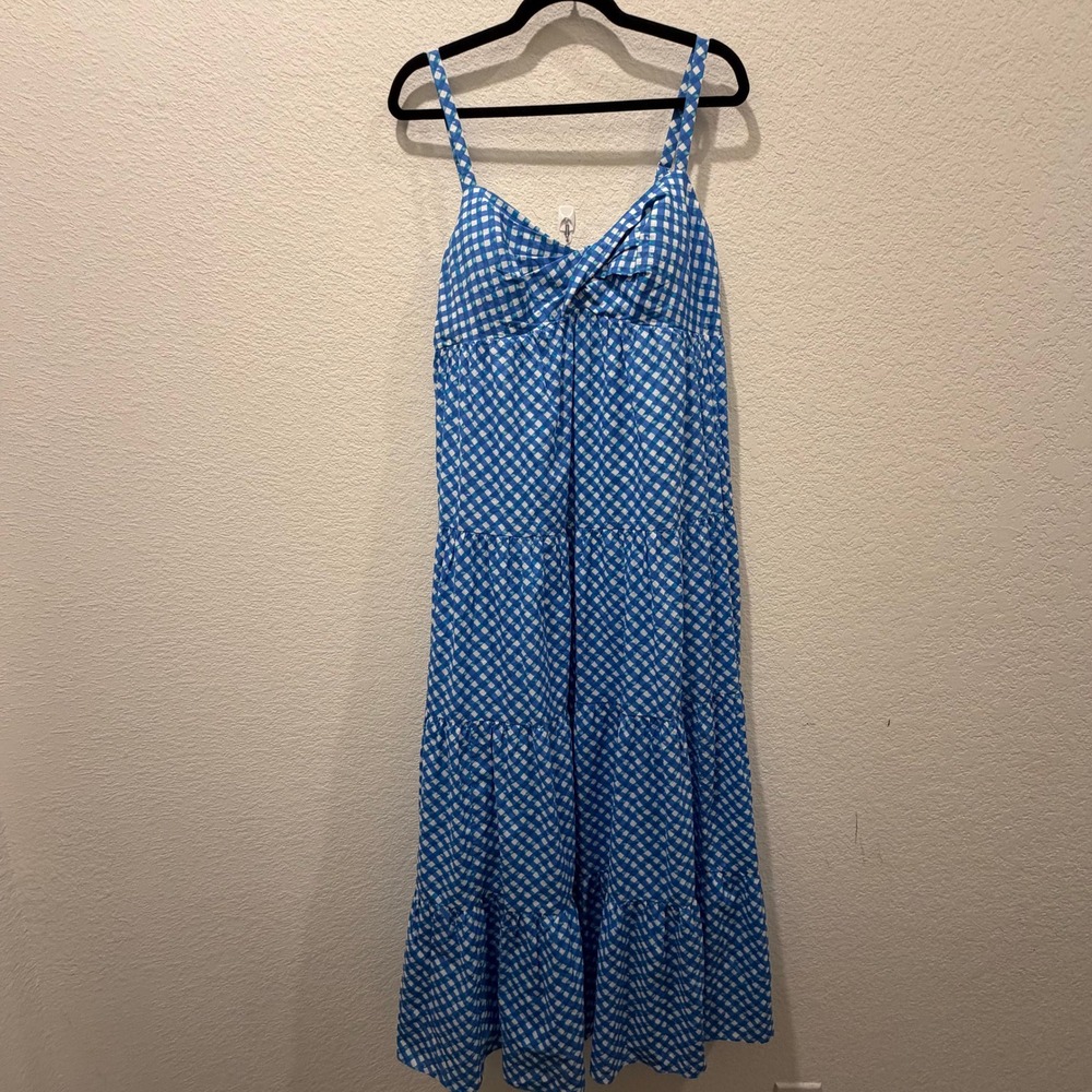 Lilly Pulitzer Blue White Gingham Tiered Midi Dress Smocked Back Padded Sz 12